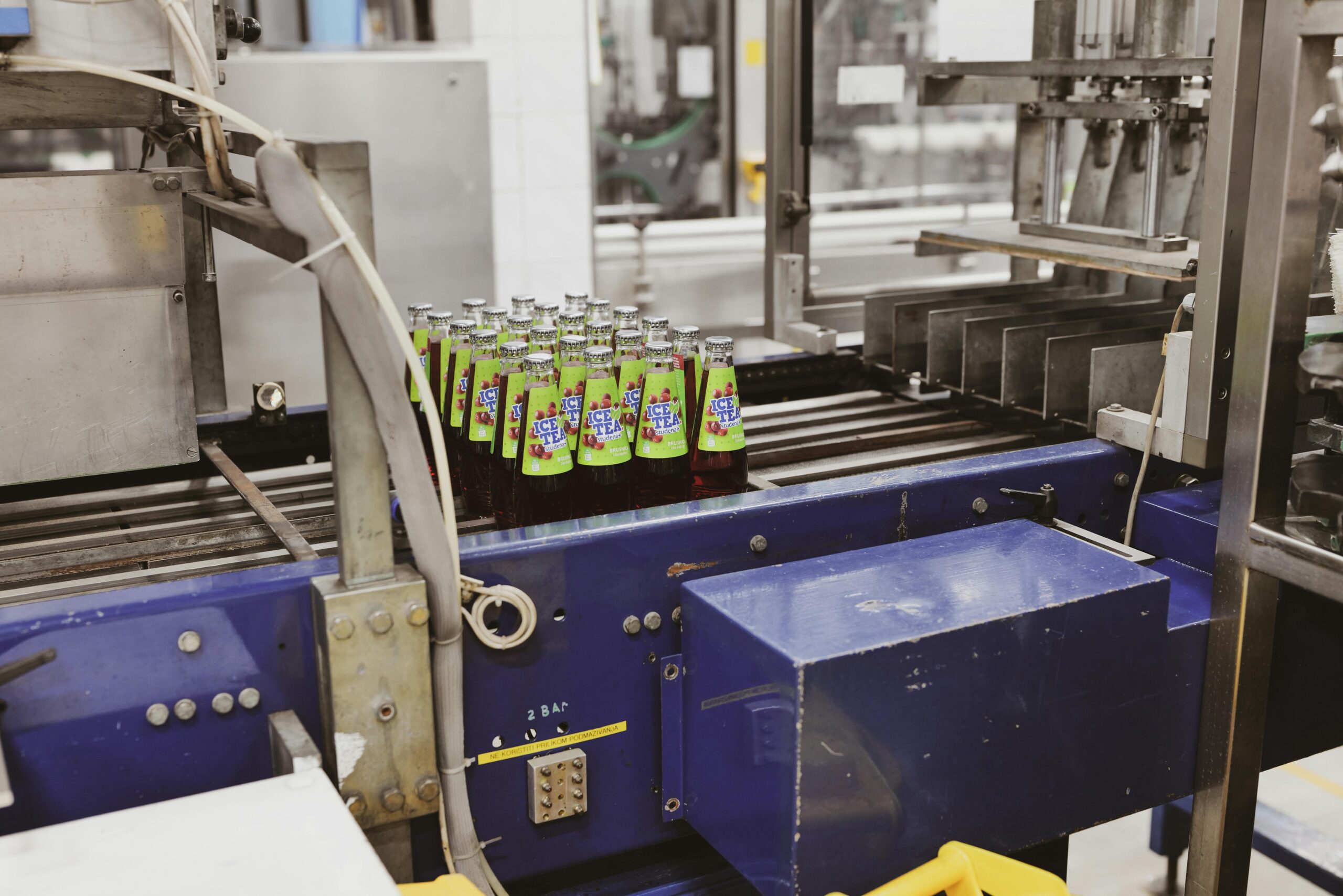 Glass bottles on an automated line in a Lipik factory, Croatia.